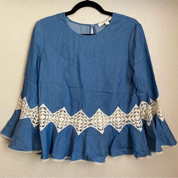 Jonathan Simkhai women's lace inset trumpet sleeve chambray top size S small - Picture 2 of 7